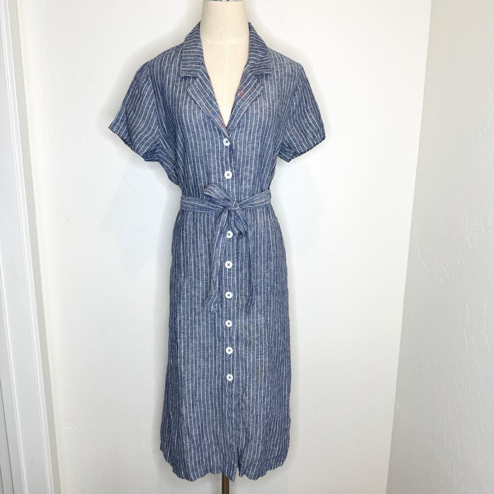 Quince 100% European Linen Button Front Dress Chambray Blue Stripe Womens Medium